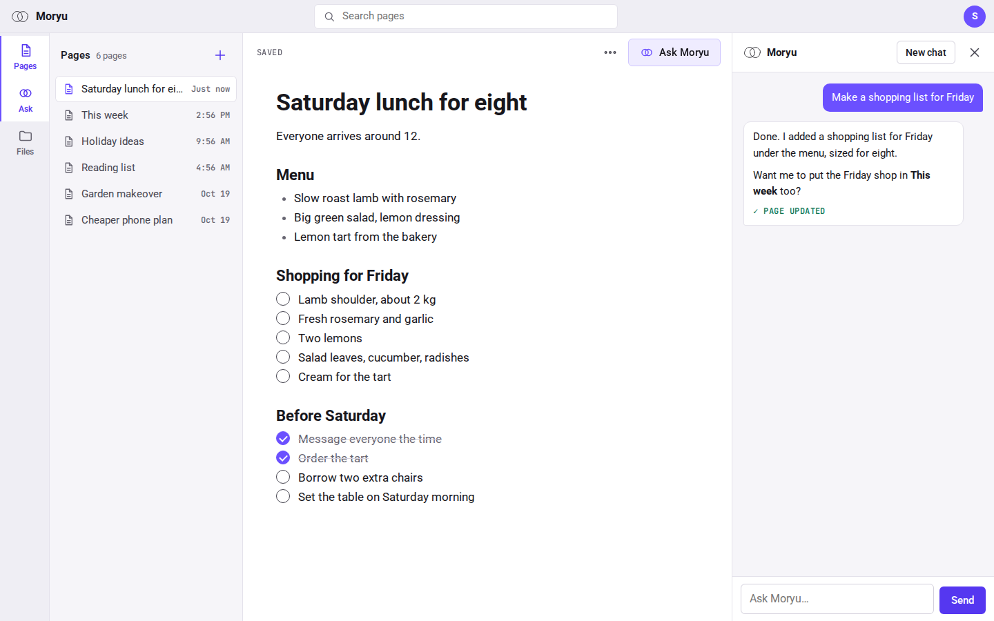 Moryu on a laptop: the page Saturday lunch for eight, the shopping list the helper added, and the conversation beside it