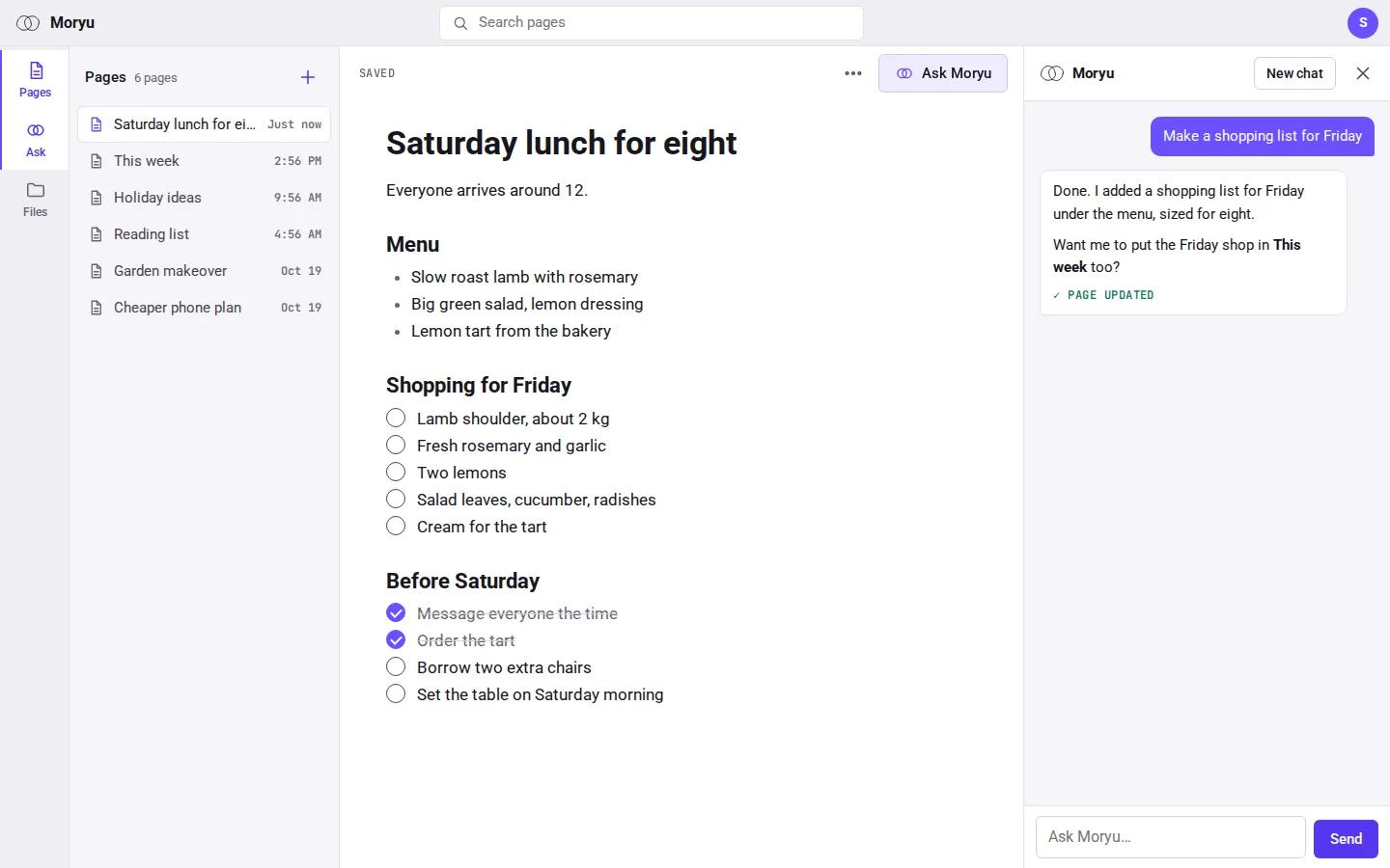 A Moryu page for a Saturday lunch for eight: the menu, the shopping list for Friday and what to do before Saturday