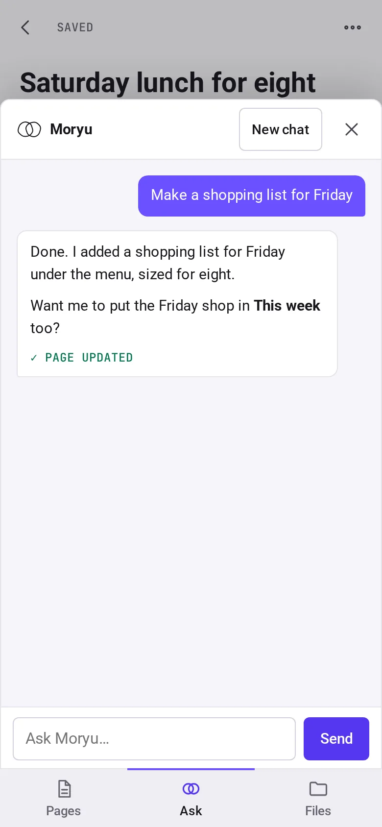 The same request on a phone: Make a shopping list for Friday, and Moryu's answer
